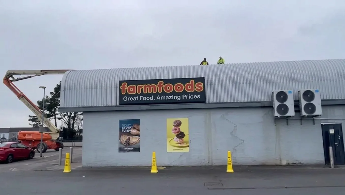 Farmfoods supermarket roof cleaning with cherry picker - commercial exterior cleaning, Plymouth