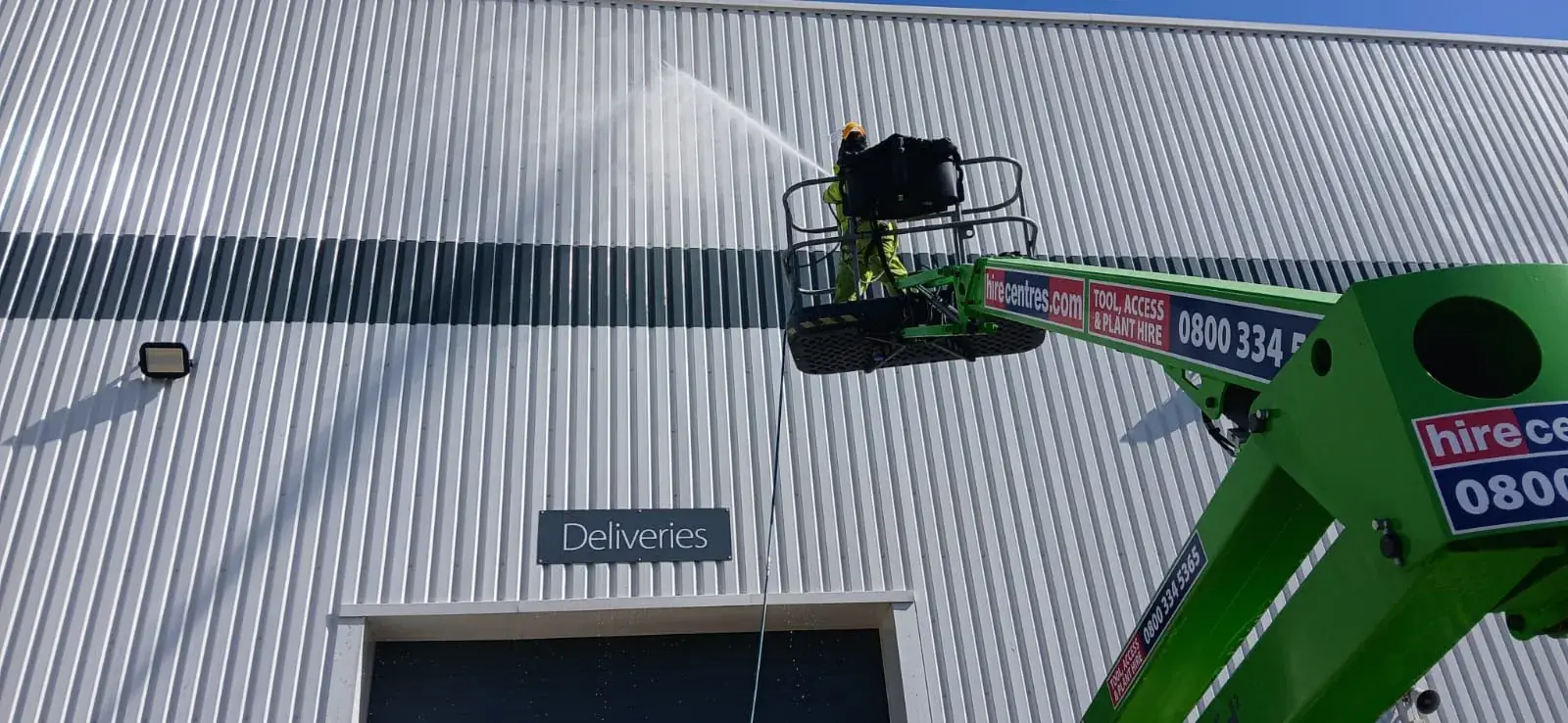 Warehouse cladding jet wash from cherry picker - Partridges, Kettering area
