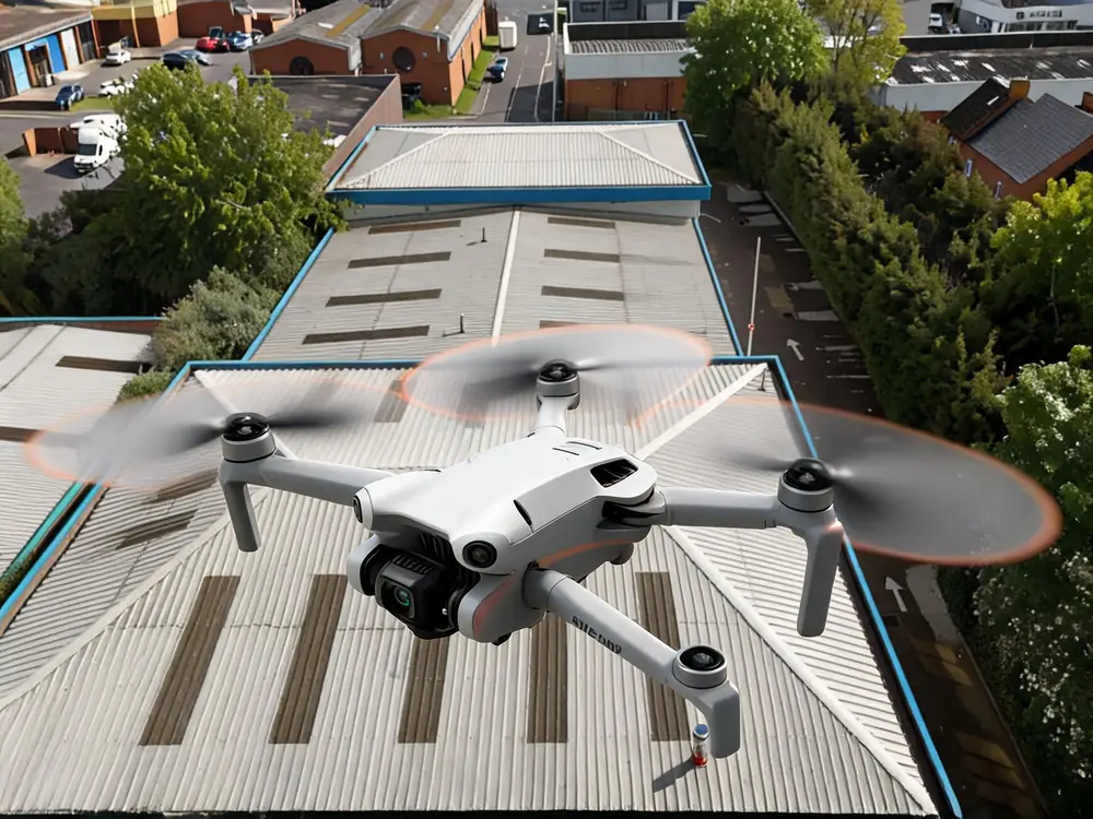 Survey drone in flight above a commercial warehouse roof on an industrial estate