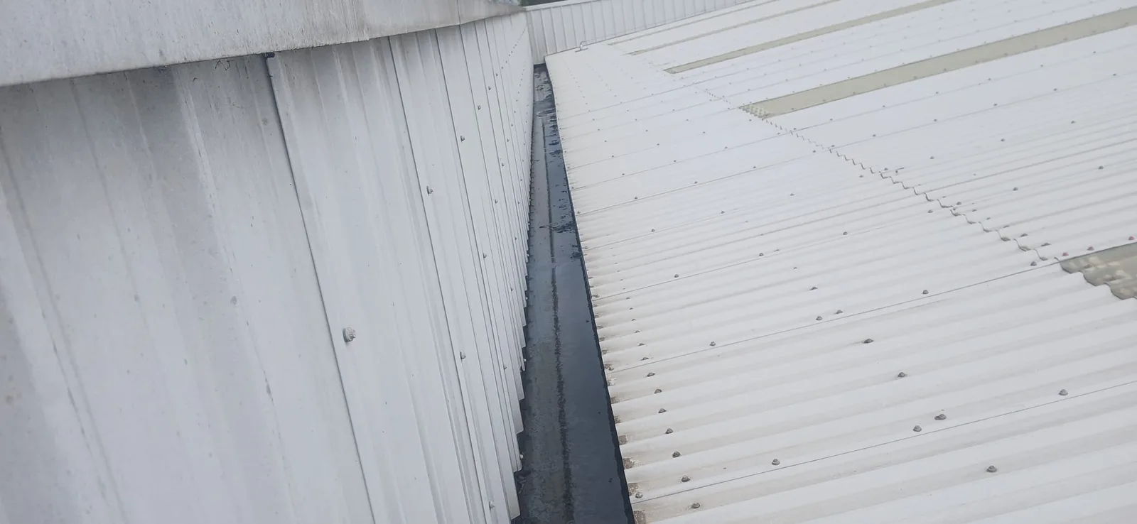 Commercial box gutter cleared and cleaned - debris removed, drainage restored