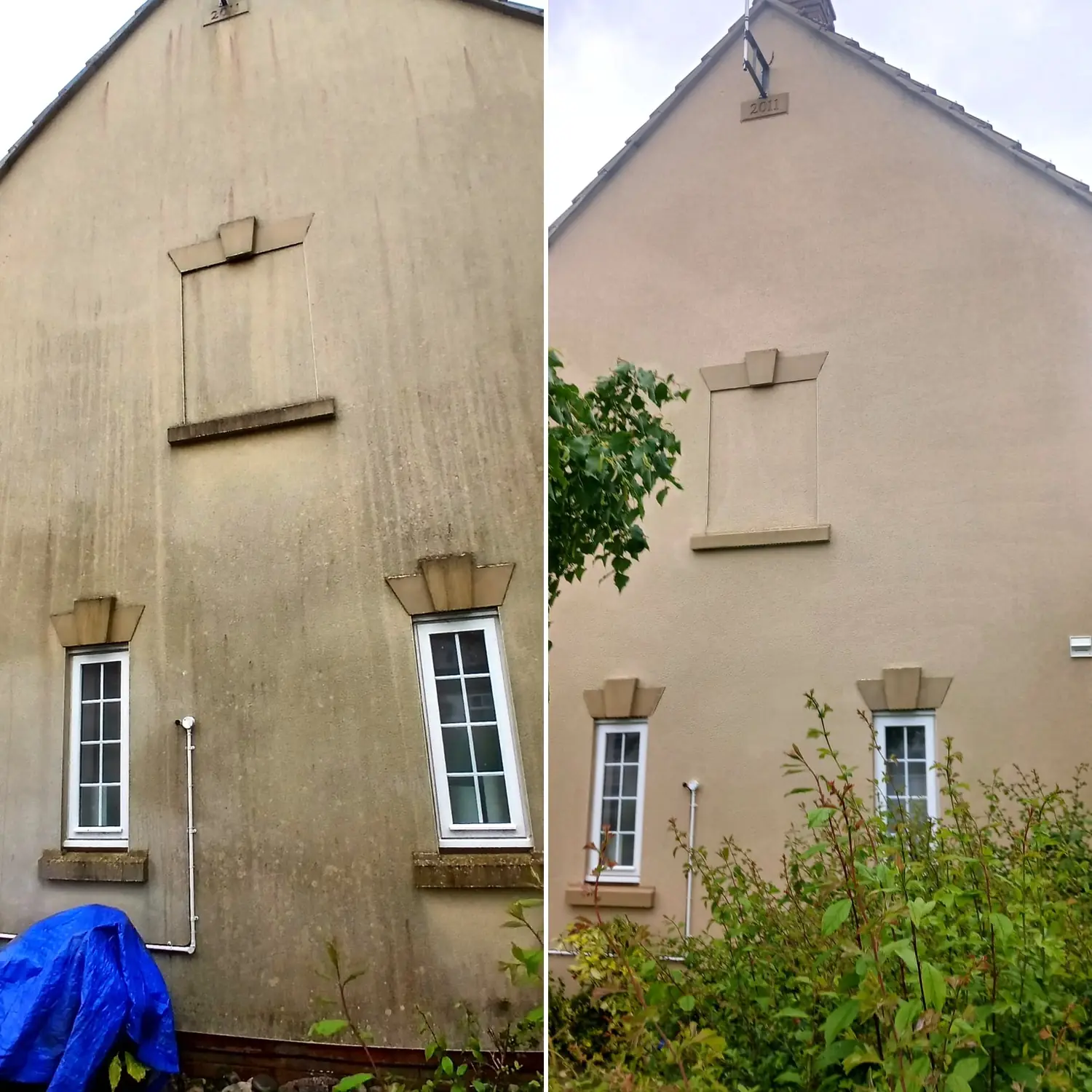 Rendered gable wall covered in green algae before soft washing