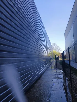 During - commercial industrial unit profiled metal cladding steam clean grime removal, Dunstable.