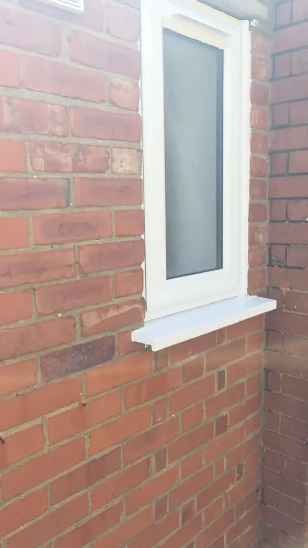 Before - red brick wall with green algae in mortar joints, Luton.