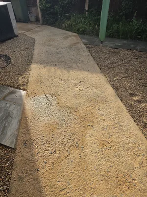 After - concrete path pressure washed showing exposed aggregate, clean section meeting the soiled stretch, Orlingbury.