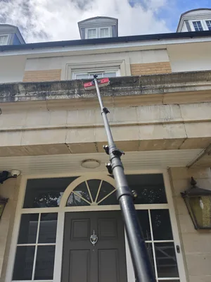 During - large residential property buff stone quoins biological staining soft washed, Orlingbury.