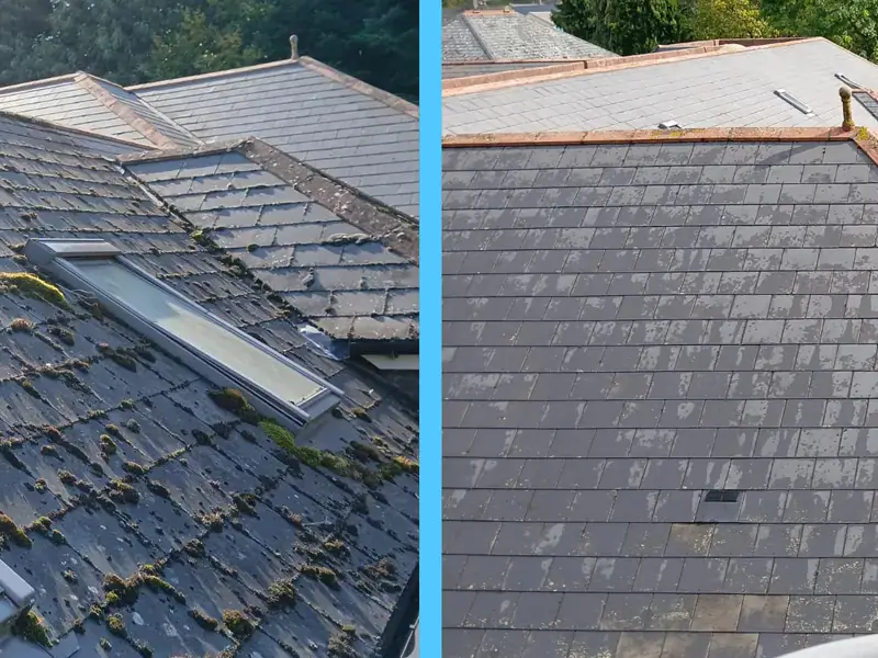 Village-centre slate roof before and after - moss removed and natural slate restored