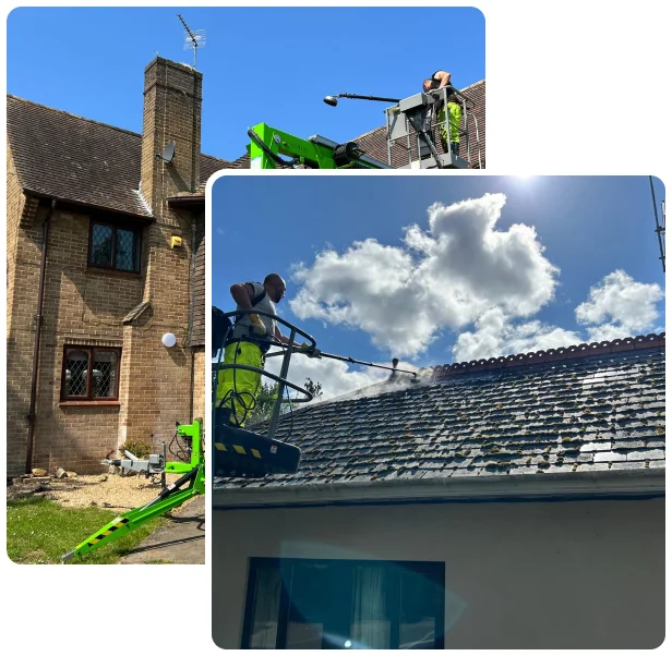 Roof cleaning team at work with cherry picker